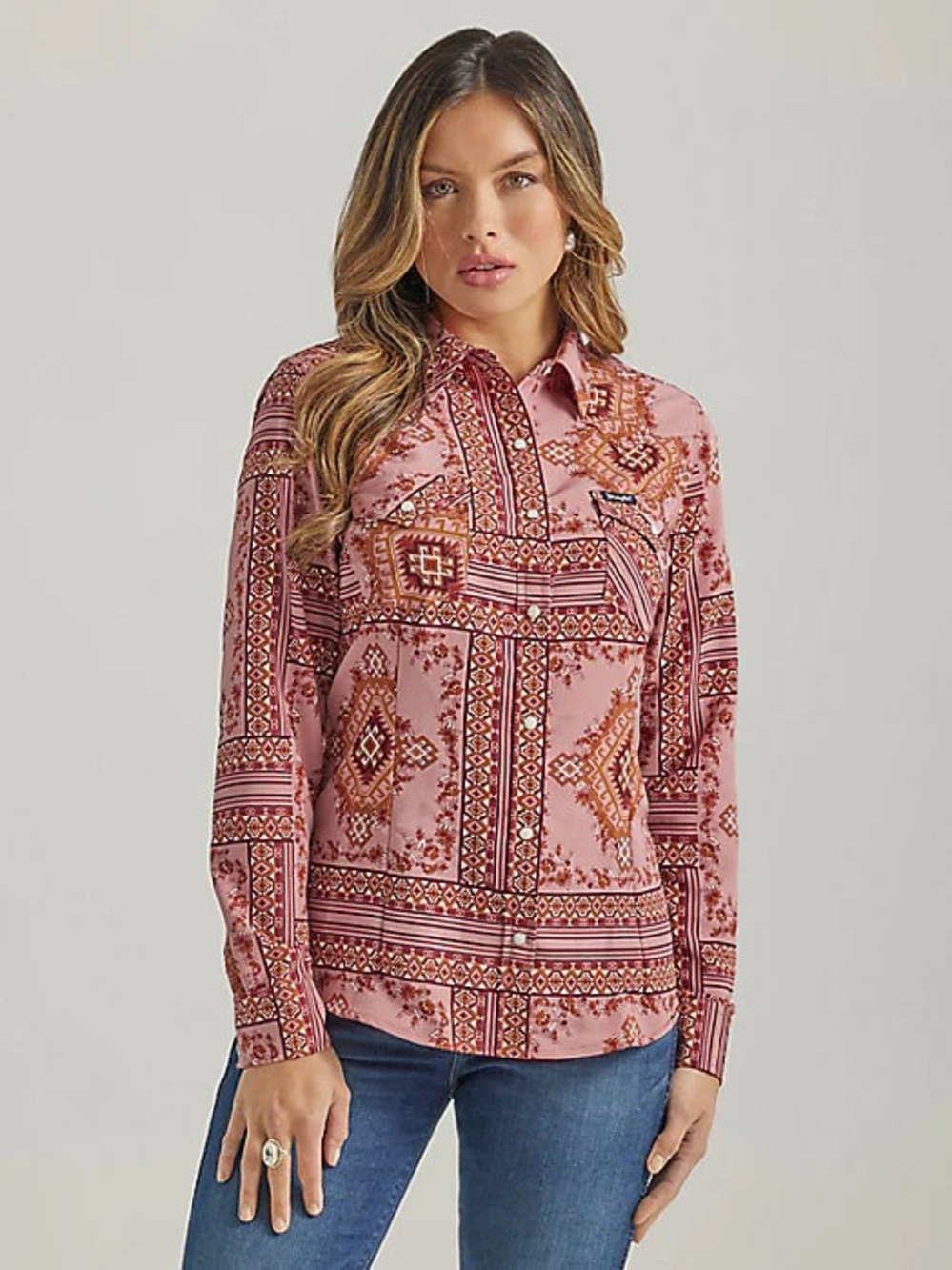 Wrangler Retro Western Snap Shirt Pink Boho Bandana Print Size XL